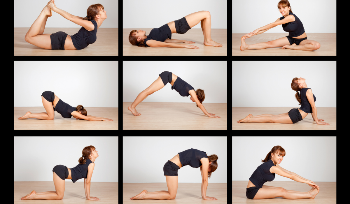 Lady doing different easy yoga poses and asanas