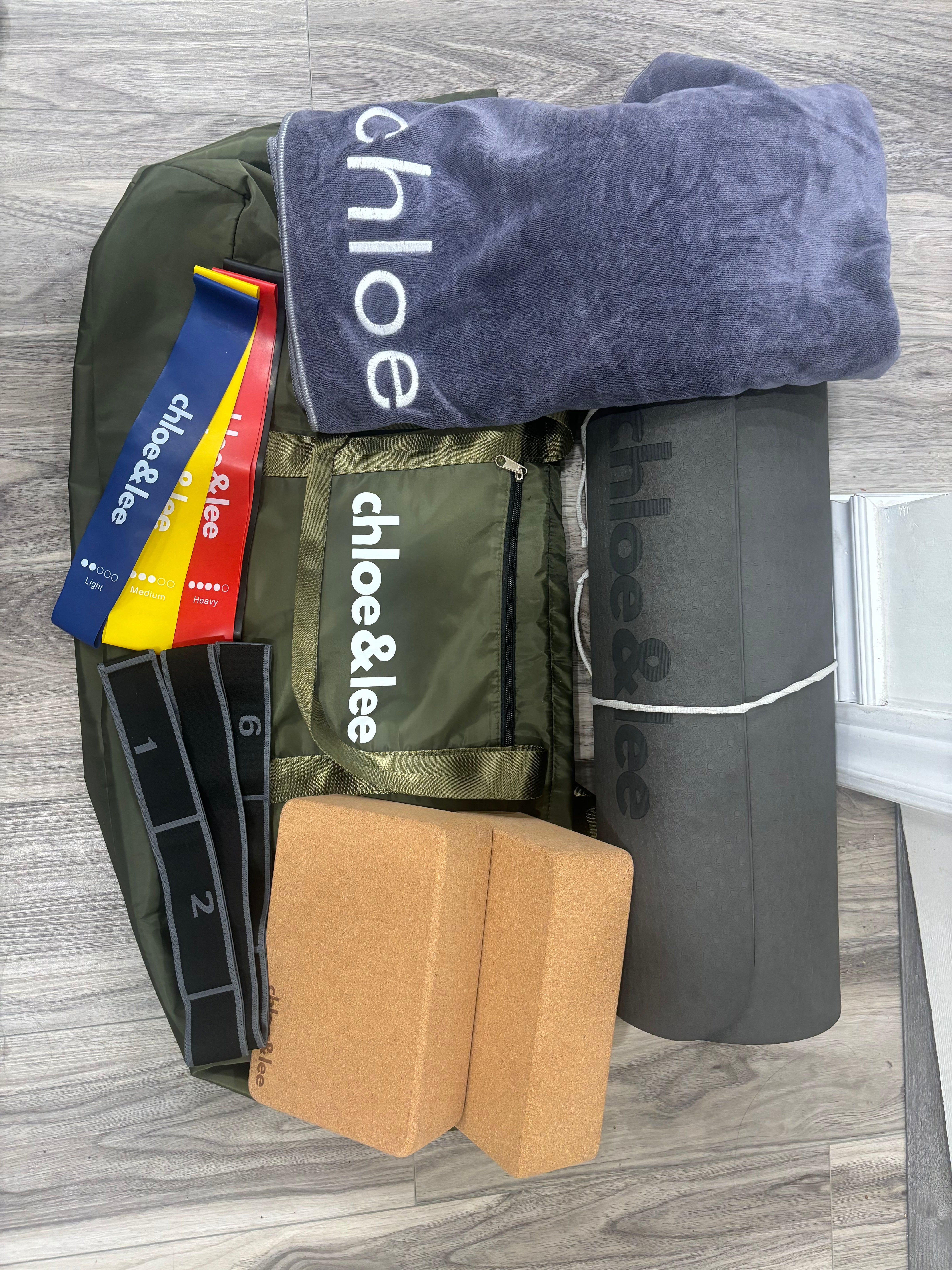 Yoga and pilates accessories in a bundle
